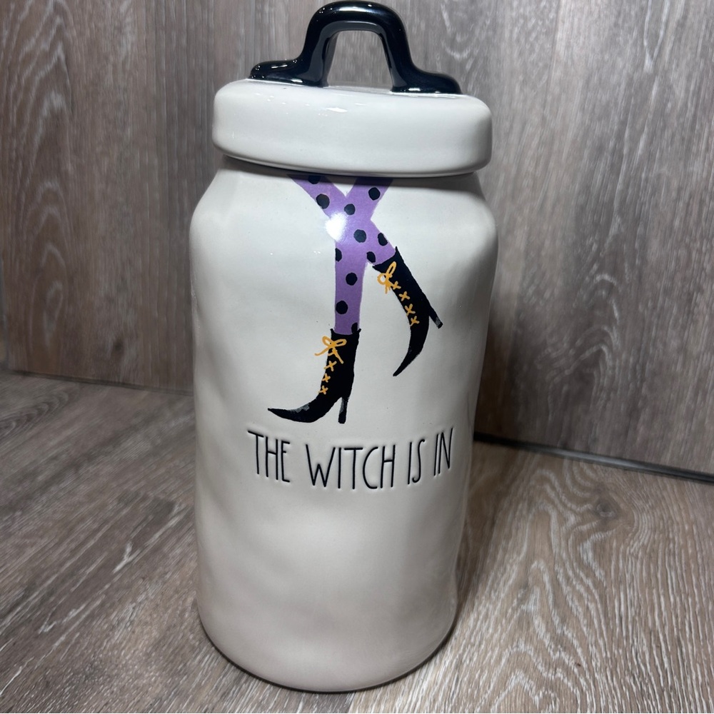 Rae Dunn “The Witch Is In” Halloween Jar – Purple Polka Dot Witch Boots Ceramic